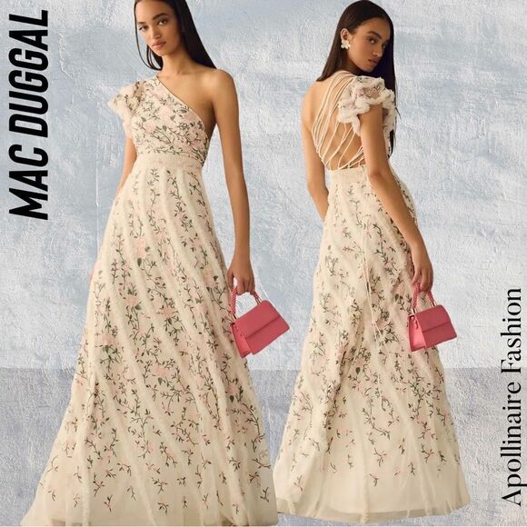 MAC DUGGAL ONE SHOULDER MAXI DRESS WHITE WITH FLORAL EMBROIDERED NWT SIZE 14 - Picture 1 of 9